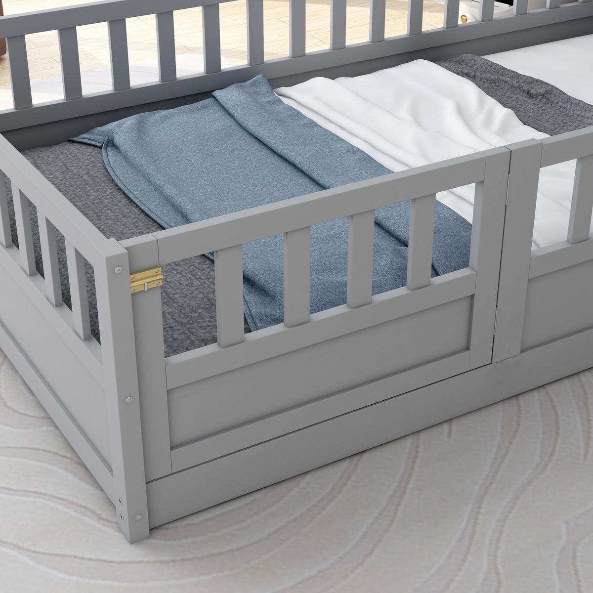 Twin Size Floor bed, integral construction with super high security barrier, door, children's floor bed frame, Montessori wooden children's floor bed, Grey
