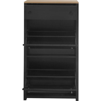 Functional Entryway Organizer with 2 Flip Drawers, Wood Grain Pattern Top Shoe Cabinet with Drawer, Free Standing Shoe Rack with Adjustable Panel for Hallway, Black