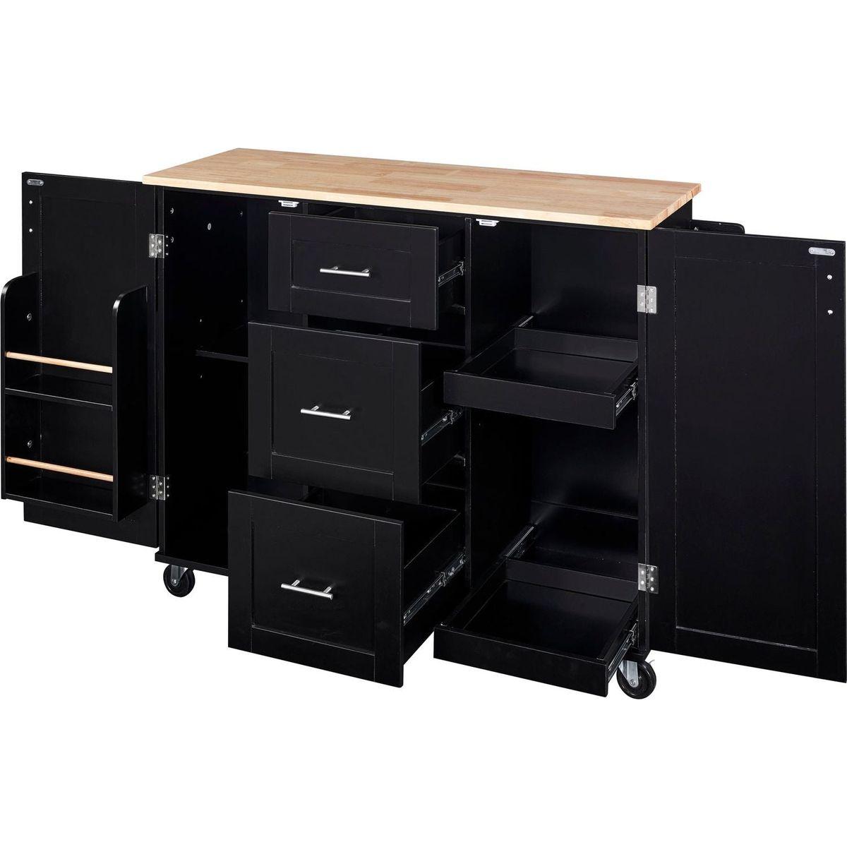 Rolling Kitchen Island with Storage, Kitchen Cart with Rubber Wood Top, 3 Drawer, 2 Slide-Out Shelf and Internal Storage Rack, Kitchen Island on Wheels with Spice Rack & Tower Rack, Black