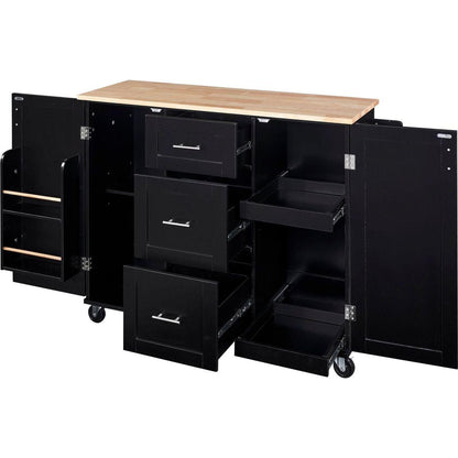 Rolling Kitchen Island with Storage, Kitchen Cart with Rubber Wood Top, 3 Drawer, 2 Slide-Out Shelf and Internal Storage Rack, Kitchen Island on Wheels with Spice Rack & Tower Rack, Black