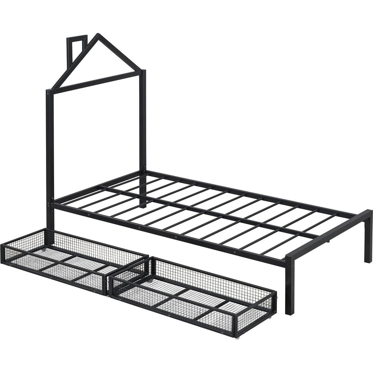 Twin Size Metal Platform Bed with two drawers,House-Shaped Headboard Design, Black