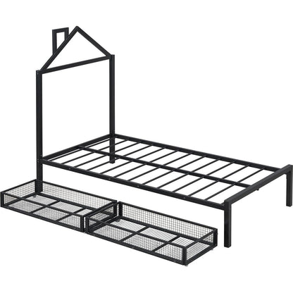 Twin Size Metal Platform Bed with two drawers,House-Shaped Headboard Design, Black