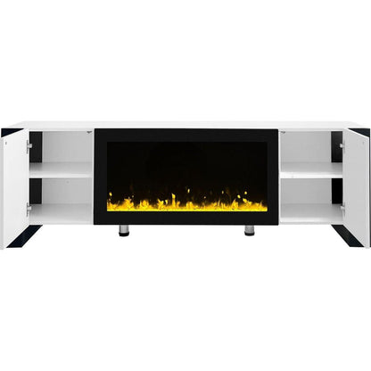 Modern TV Stand with 34.2" Non-heating Electric Fireplace, High Gloss Entertainment Center with 2 Cabinets, Media Console for TVs up to 78", White