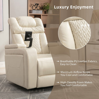 270 Degree Swivel PU Leather Power Recliner Individual Seat Home Theater Recliner with Comforable Backrest, Tray Table, Phone Holder, Cup Holder, USB Port, Hidden Arm Storage for Living Room, White