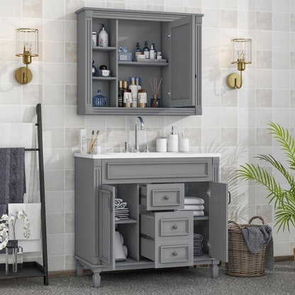 36" Bathroom Vanity with Top Sink, Grey Mirror Cabinet, Modern Bathroom Storage Cabinet with 2 Soft Closing Doors and 2 Drawers, Single Sink Bathroom Vanity