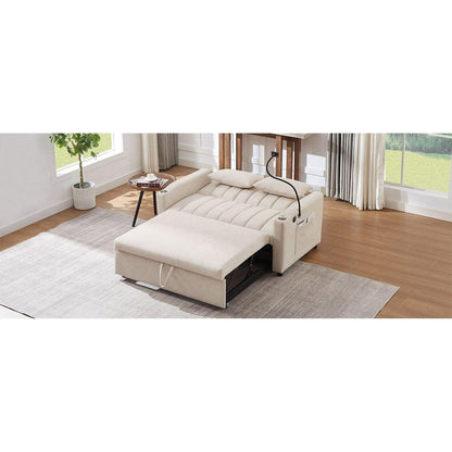 55.9" Convertible Sofa Bed Loveseat Sofa with Three USB Ports, Two Side Pockets, Two Cup Holders and 360Swivel Phone Holder for Living Room, Beige