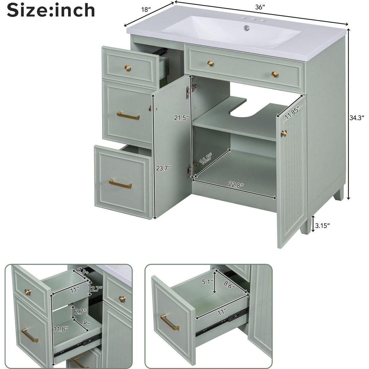 36-inch Bathroom Vanity, Transitional Style Bathroom Cabinet with Resin Sink, Green Single Bathroom Cabinet, with 2 Drawers and 1 Adjustable Storage Shelf, 2 Soft-close Doors