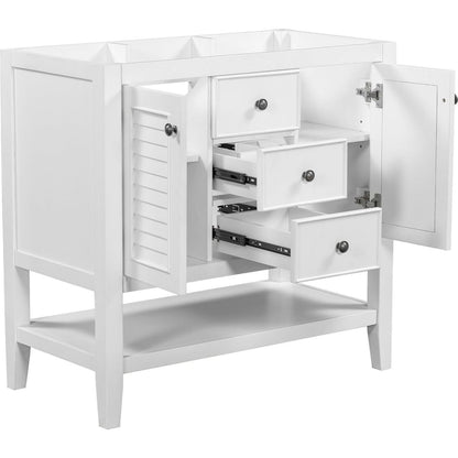 36" Bathroom Vanity without Sink, Cabinet Base Only, Two Cabinets and Drawers, Open Shelf, Solid Wood Frame, White