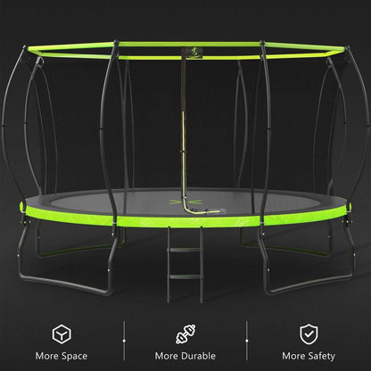 New Design 14FT Trampoline for Kids with Upgraded Arc Composite Pole and Safety Enclosure Net, Ladder and 8 Wind Stakes, Round Outdoor Recreational Playset Balanced Physical Training Trampoline