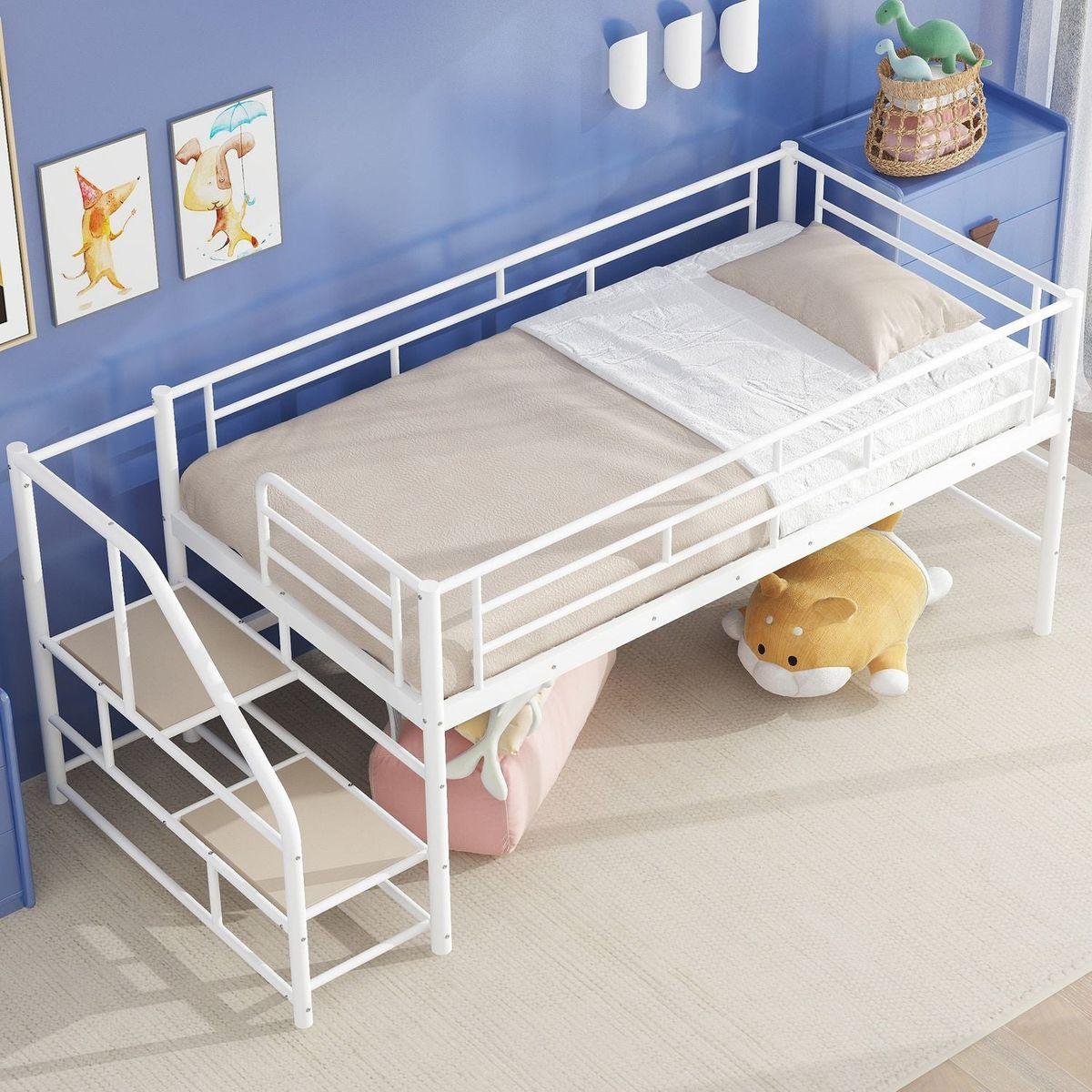 Mid Loft Bed with Storage stairs, Twin, White