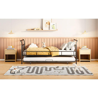Twin Size Metal Daybed with Curved Handle Design and Twin Size Trundle, Black