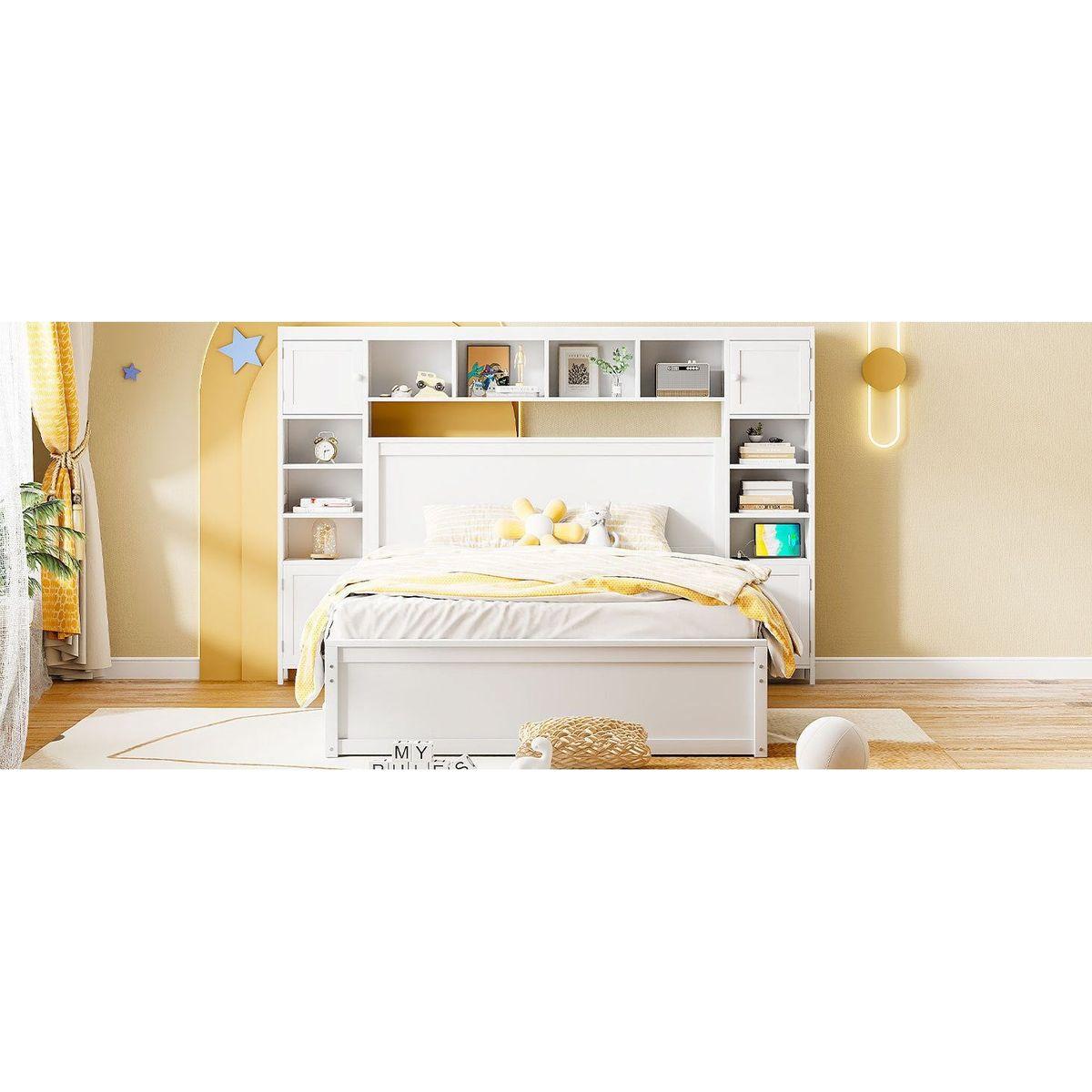 Queen Size Wooden Bed With All-in-One Cabinet, Shelf and Sockets, White