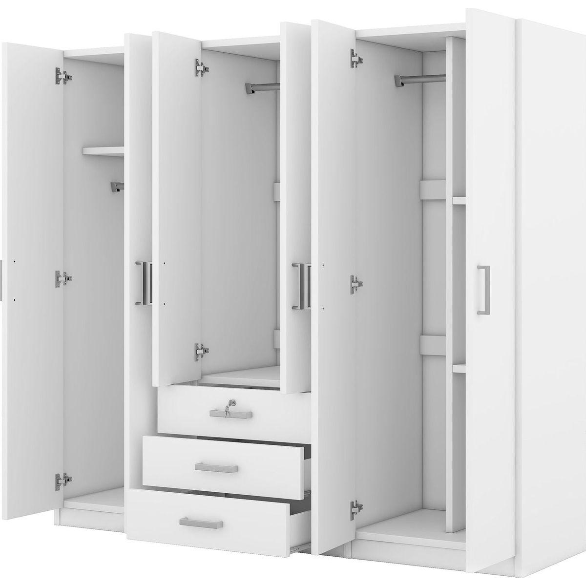 6-Doors Wooden Wardrobe Storage for Bedroom, with Big Drawers, White