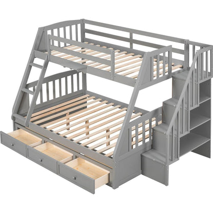 Twin-Over-Full Bunk Bed with Drawers氓Ladder and Storage Staircase, Gray