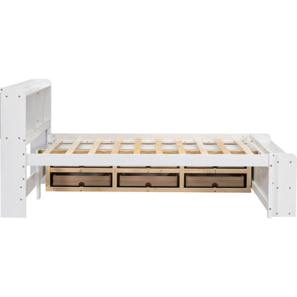 Full Bed with Bookcase Headboard, Under bed Storage Drawers and Bed End Storage Case,White