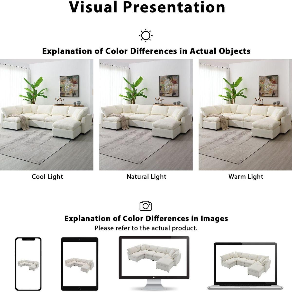 130x65" Modern Modular Cloud Sofa Bed, 6 Seat Chenille Sectional Couch Set with Ottoman,Free Combination,Convertible U Shaped Sleeper Sofa for Living Room, Apartment, 3 Colors