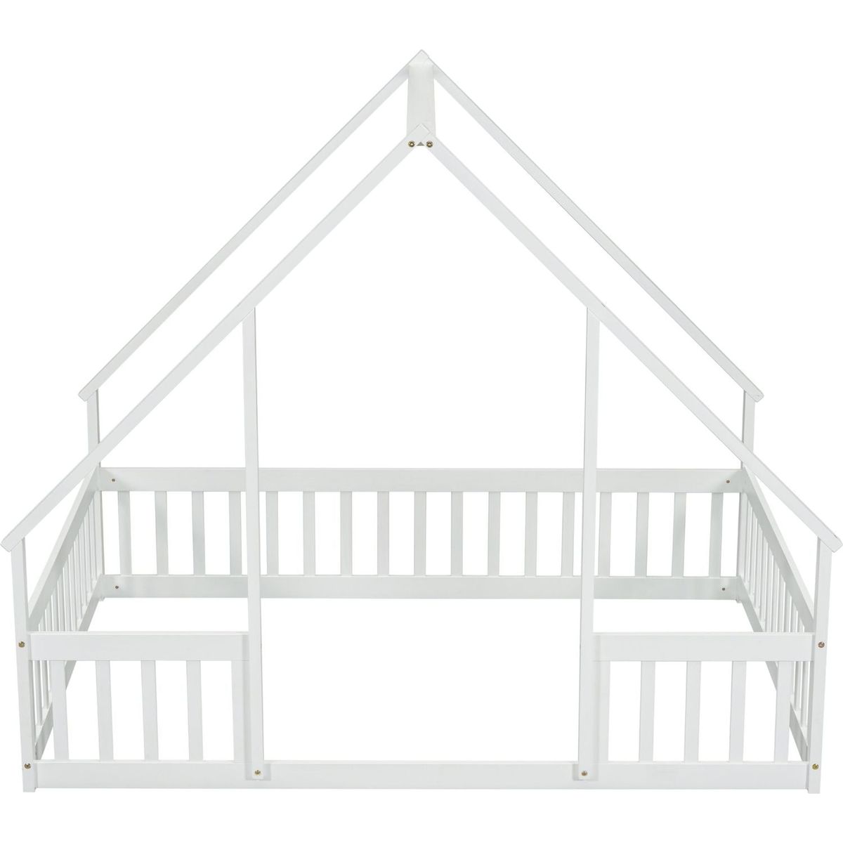 Full Wood House-Shaped Floor Bed with Fence, Guardrails,White
