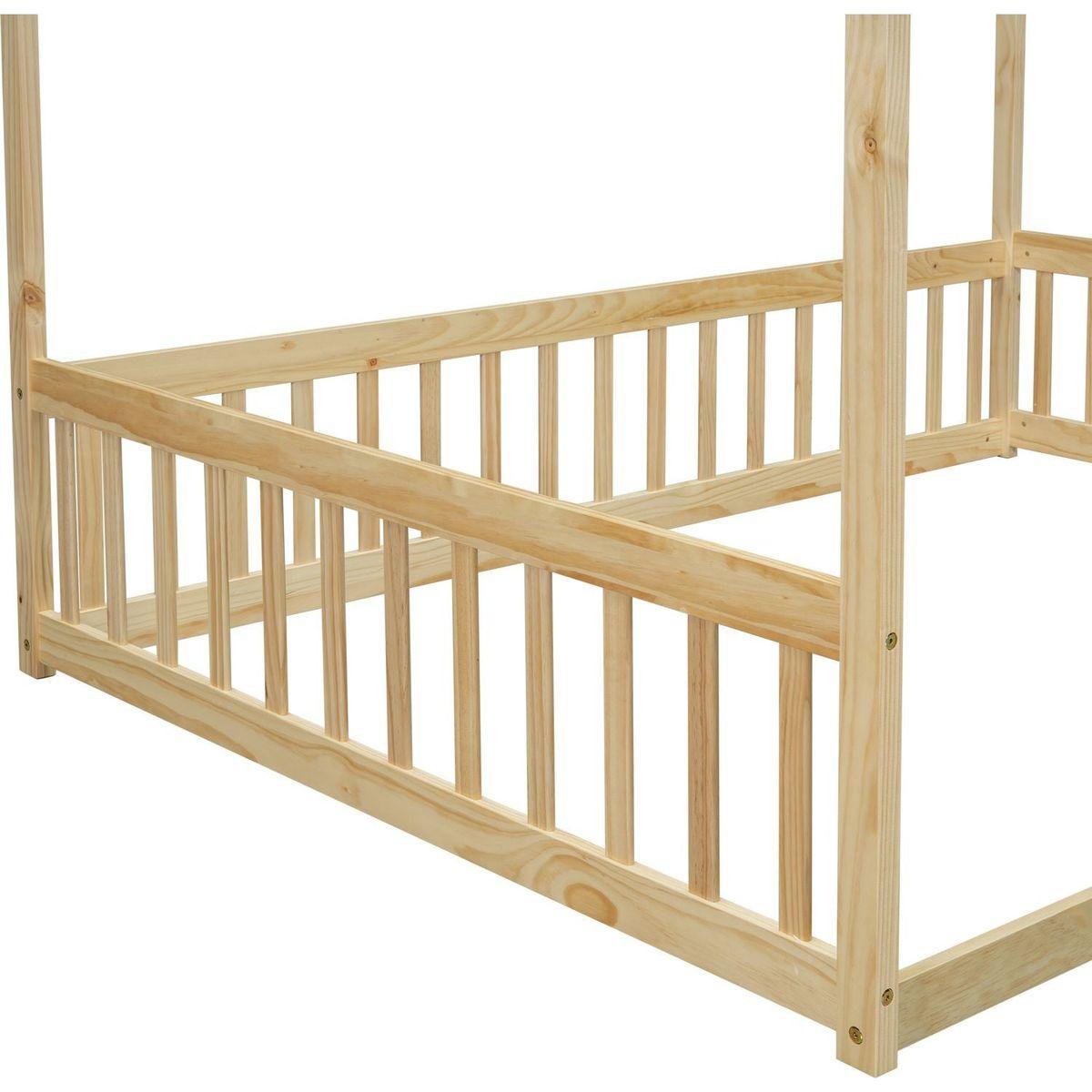 Full Size Canopy Frame Floor Bed with Fence, Guardrails,Natural