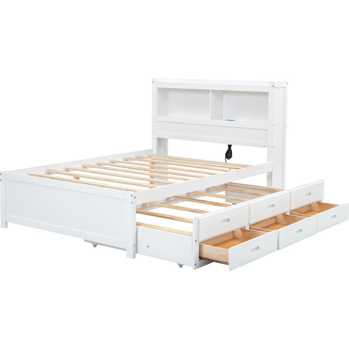 Full Size platform bed with trundle, drawers and USB plugs, White