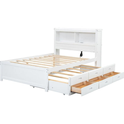 Full Size platform bed with trundle, drawers and USB plugs, White