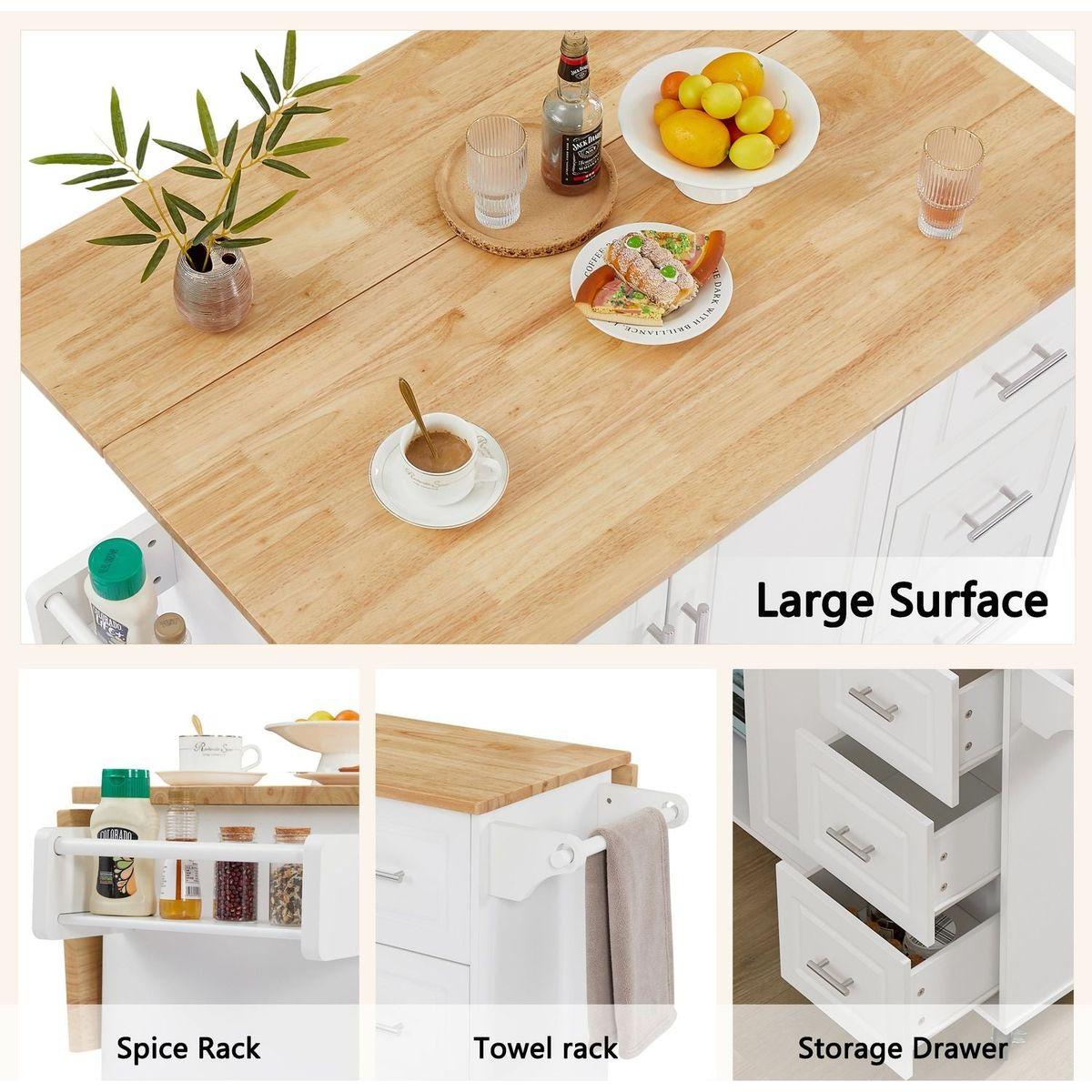 Kitchen Island with Drop Leaf Countertop, Rolling Kitchen Island Cart, Barn Door Kitchen Island Table with Storage Cabinet and Tower Rack, Island Table On Wheels for Kitchen, White