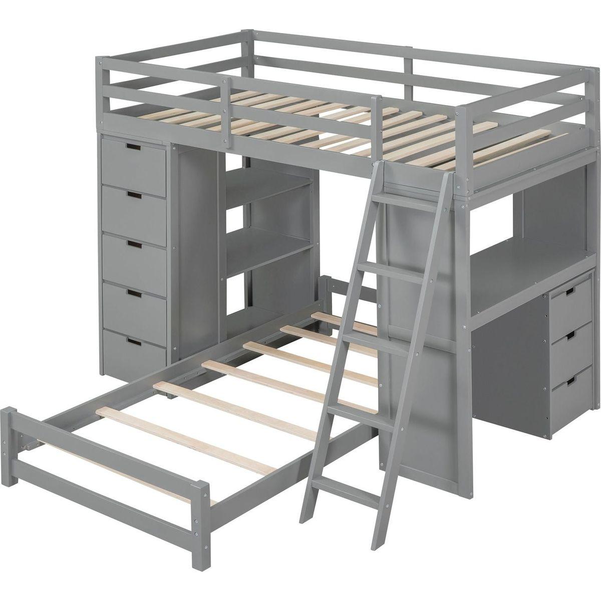 Twin over Twin Bunk Bed with LED Light and USB Ports, Gray