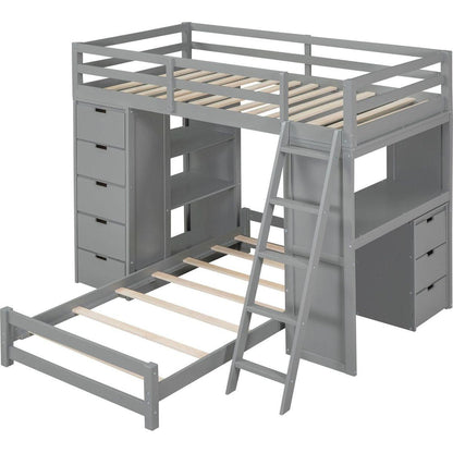 Twin over Twin Bunk Bed with LED Light and USB Ports, Gray