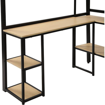 Full Size Metal Loft bed with Staircase, Built-in Desk and Shelves, Black