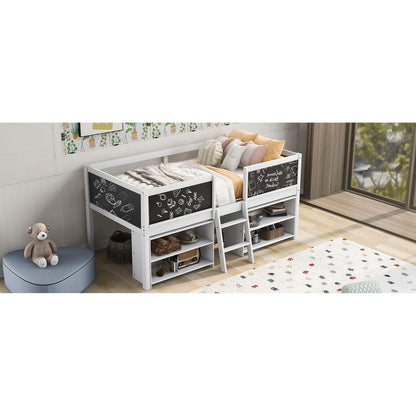 Twin Size Low Loft Bed with Two Movable Shelves and Ladder,with Decorative Guardrail Chalkboard,White