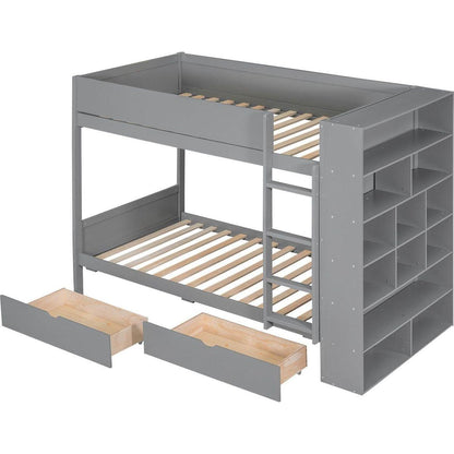 Twin over Twin Bunk Bed With 2 Drawers and Multi-layer Cabinet, Gray