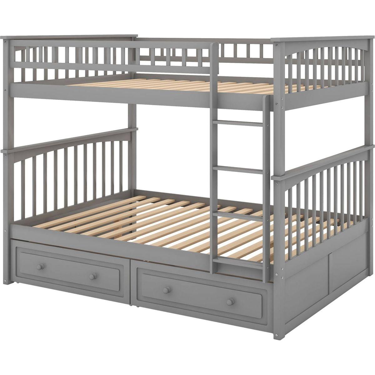Full over Full Bunk Bed with Drawers, Convertible Beds, Gray
