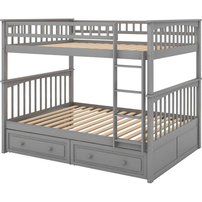 Full over Full Bunk Bed with Drawers, Convertible Beds, Gray