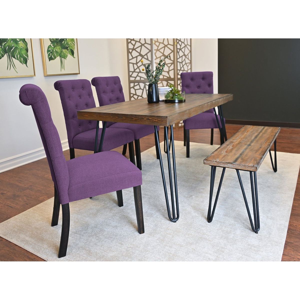 Ashford 6-Piece Dining Set, Hairpin Dining Table with 4 Chairs and Bench, 4 Color Options - Streamdale Furniture