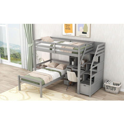 Twin Size Loft Bed with a Stand-alone Bed, Storage Staircase, Desk, Shelves and Drawers, Gray