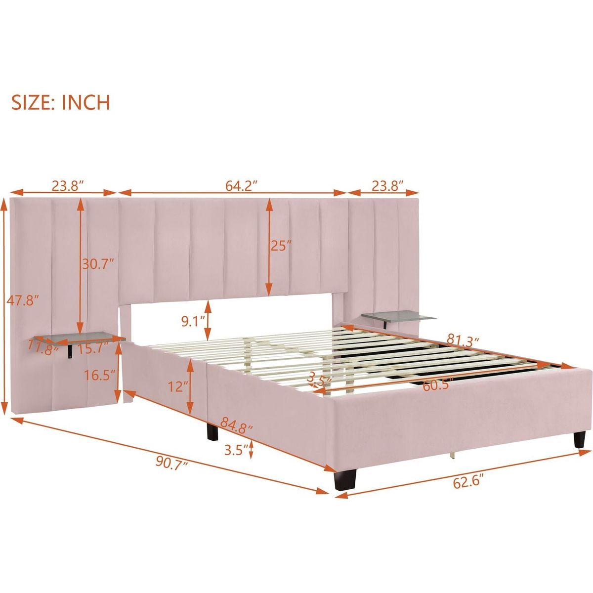 Queen Size Upholstered Platform Bed with Big Headboard, Bedroom Furniture, Velvet, Pink