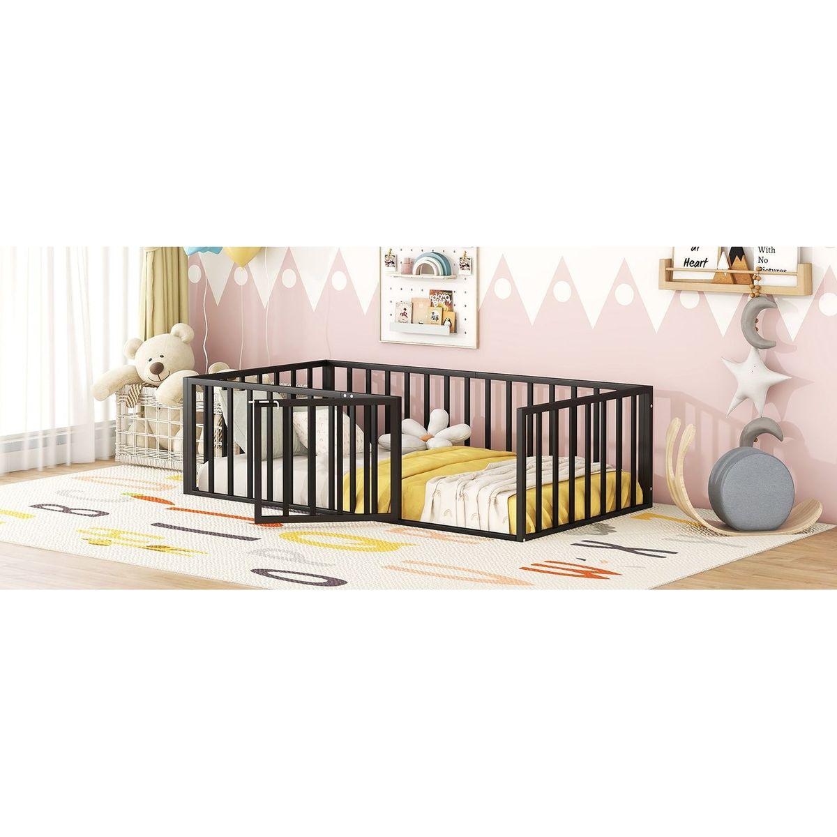 Twin Size Metal Floor Bed Frame with Fence and Door, Black