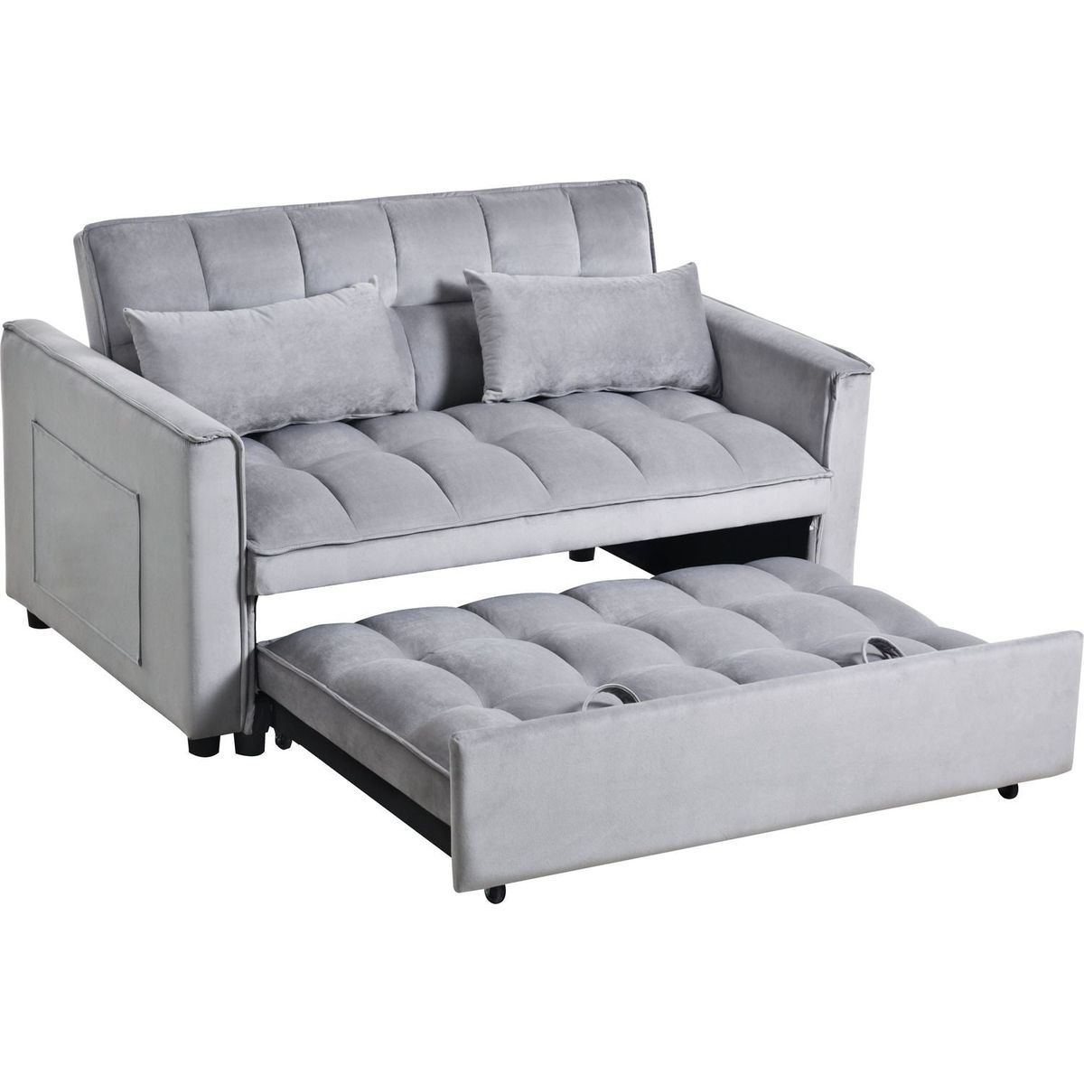 3 in 1 Convertible Sleeper Sofa Bed, Modern Pull Out Couch Bed, Adjustable Backrest, Velvet Loveseat Futon Sofa with Pillows & Pockets for Living Room Apartment, Grey
