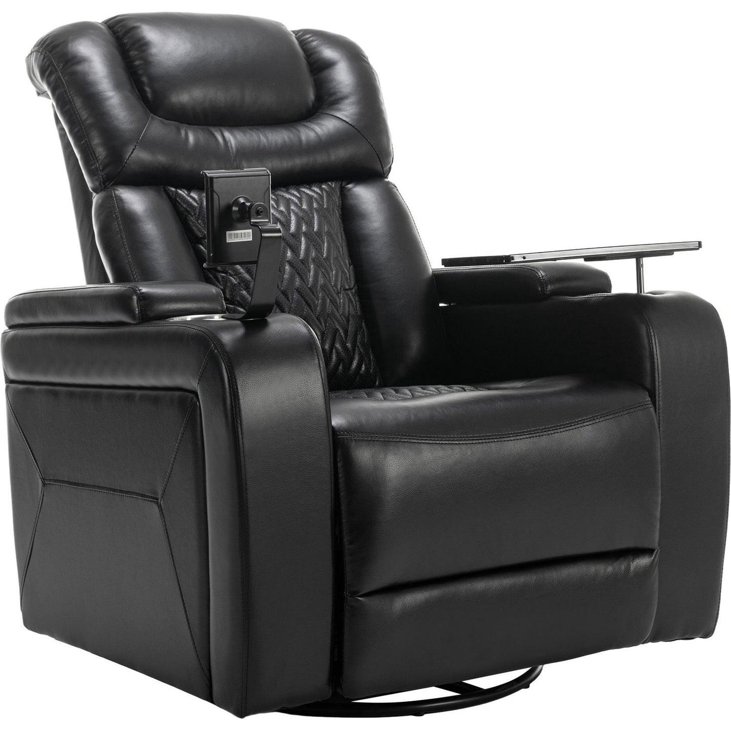 270 Degree Swivel PU Leather Power Recliner Individual Seat Home Theater Recliner with Comforable Backrest, Tray Table, Phone Holder, Cup Holder, USB Port, Hidden Arm Storage for Living Room, Black