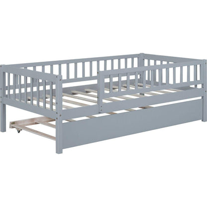 Twin Size Wood Daybed with Trundle and Fence Guardrails, Gray