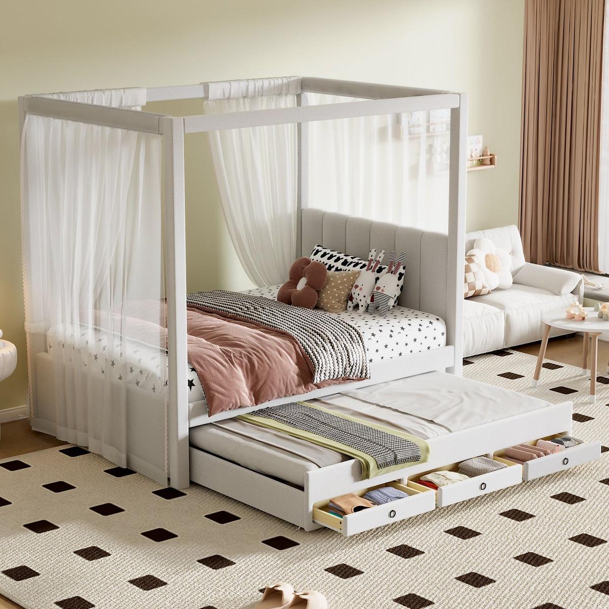 Twin Size Upholstery Canopy Platform Bed with Trundle and Three Storage Drawers, Beige