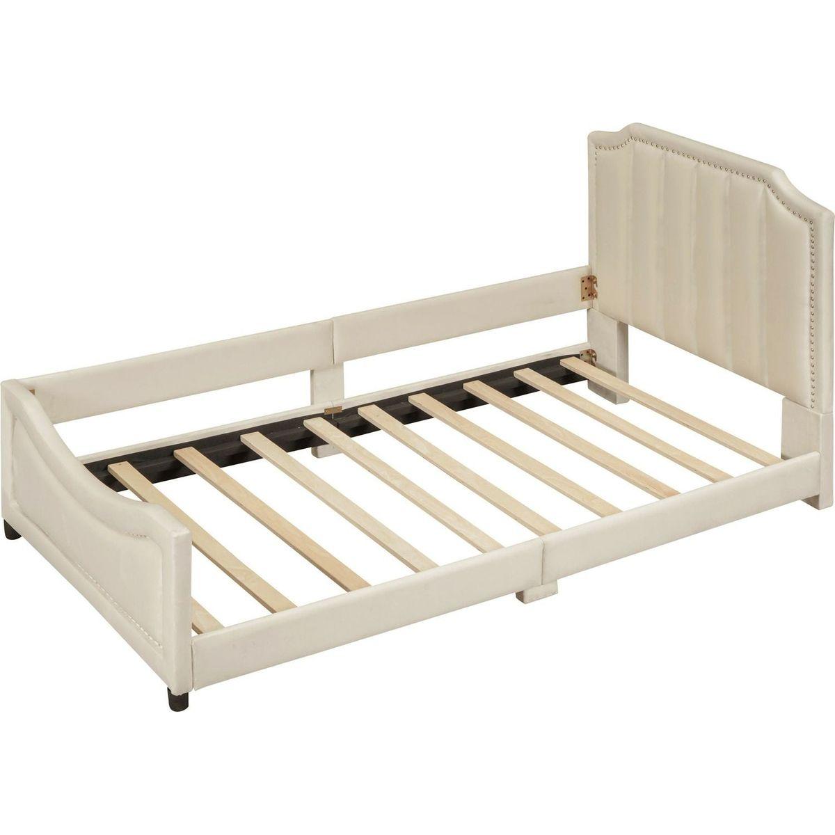 Twin Size Upholstered Daybed with Classic Stripe Shaped Headboard, Beige