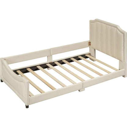 Twin Size Upholstered Daybed with Classic Stripe Shaped Headboard, Beige