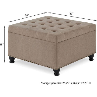 Large square storage ottoman with wooden legs, Upholstered button tufted coffee table with nail trims for for Living Space,Linen