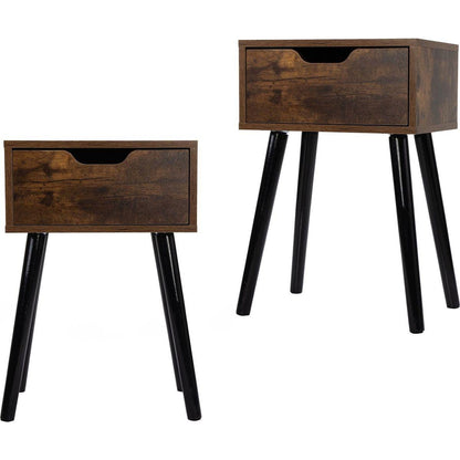 Set of 2 Mid Century Wood Side Table, End Table with 1 Storage Drawer, Nightstand for Bedroom Living Room, Rustic Brown and Black
