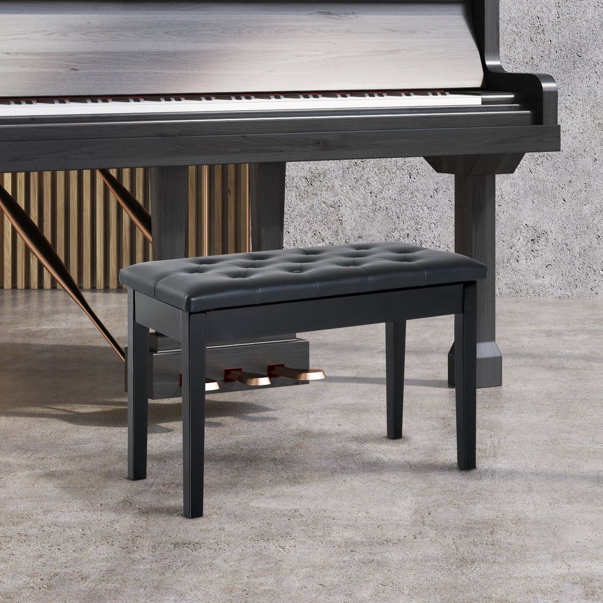 Piano Bench, Duet Piano Chair with Faux Leather Padded Cushion and Wooden Frame, Button Tufted Keyboard Bench, Black