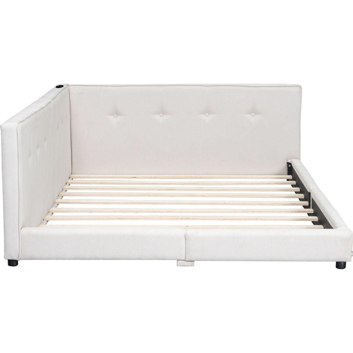 Upholstered Queen Size platform bed with USB Ports, Beige