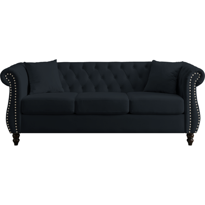80" Chesterfield Sofa Black Velvet for Living Room, 3 Seater Sofa Tufted Couch with Rolled Arms and Nailhead for Living Room, Bedroom, Office, Apartment, 3S+2S