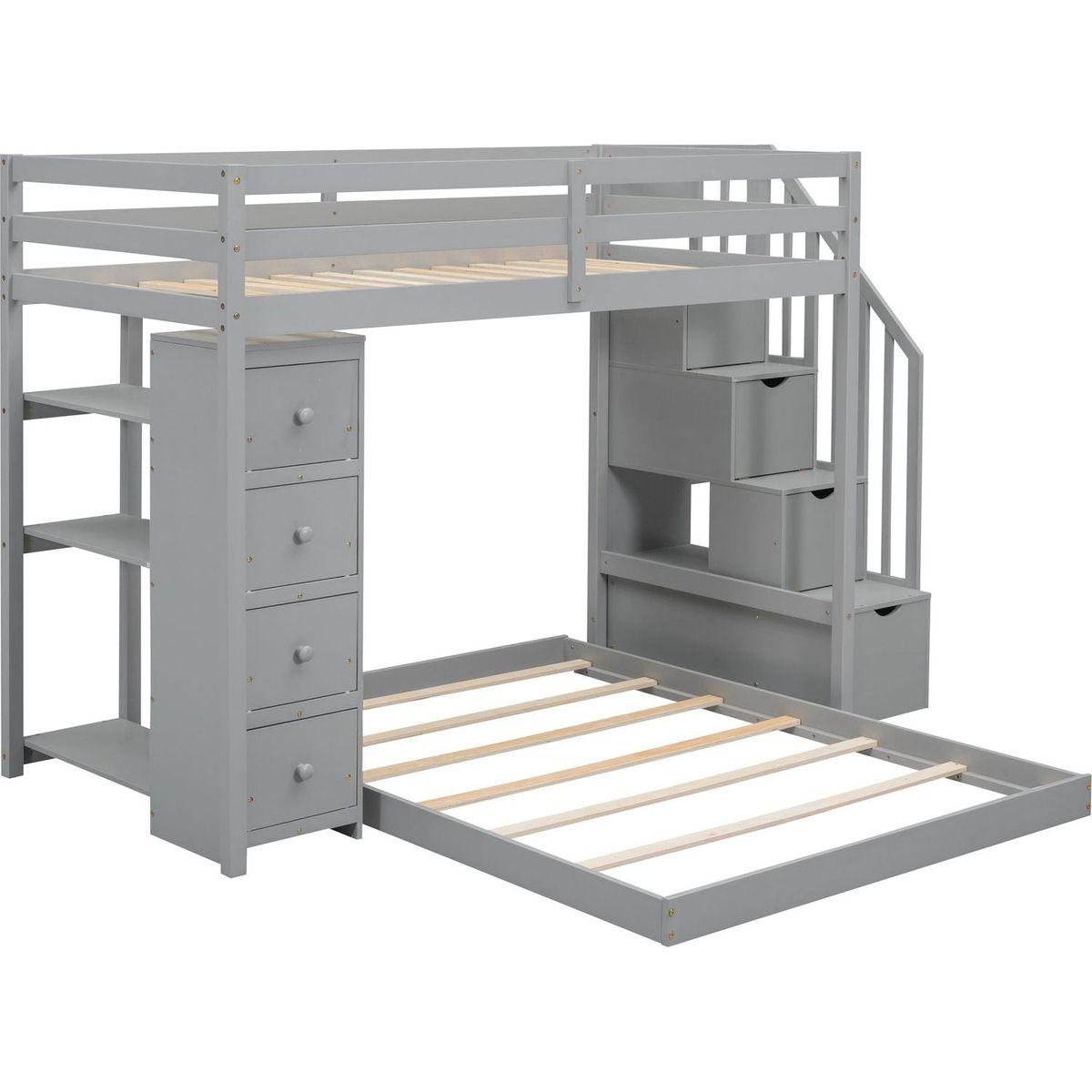 Twin Over Full Bunk Bed with 3-layer Shelves, Drawers and Storage Stairs, Gray