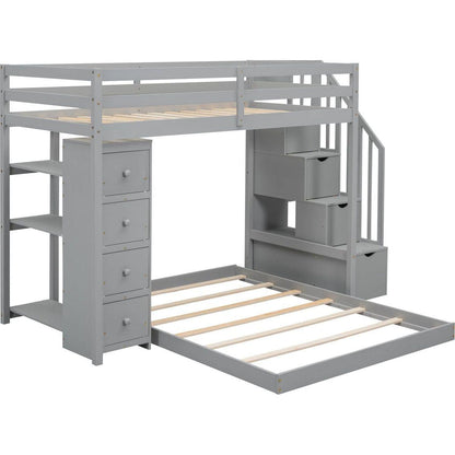 Twin Over Full Bunk Bed with 3-layer Shelves, Drawers and Storage Stairs, Gray