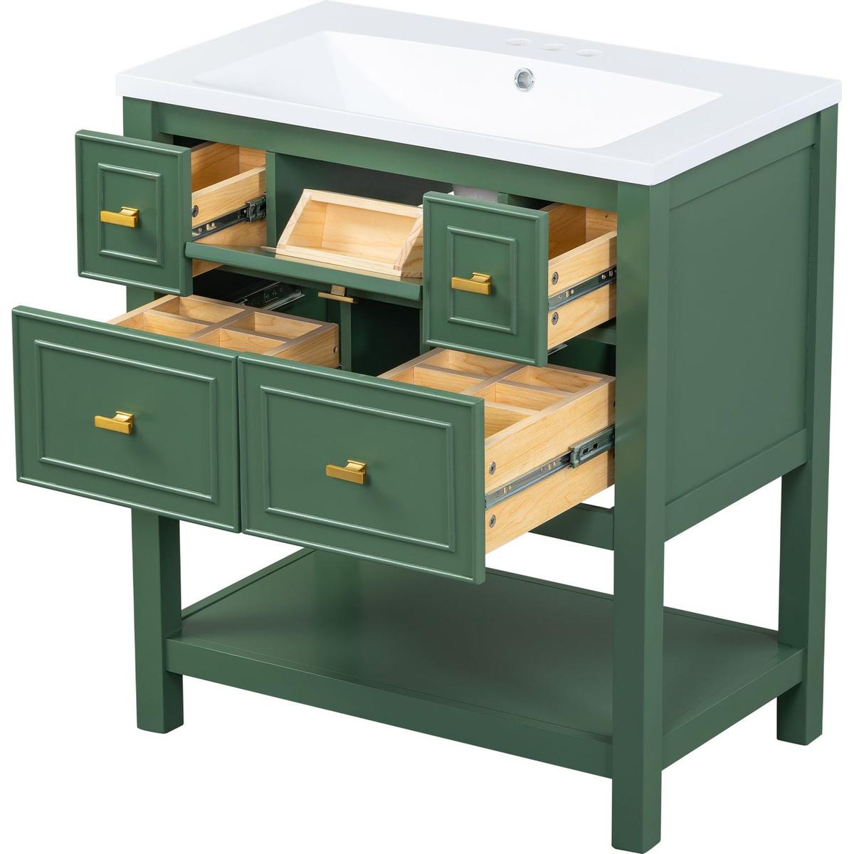 30" Bathroom Vanity with Resin Sink Combo, Free Standing Single Vanity Set with 5 Drawers, Solid Wood Frame Bathroom Storage Cabinet, Green